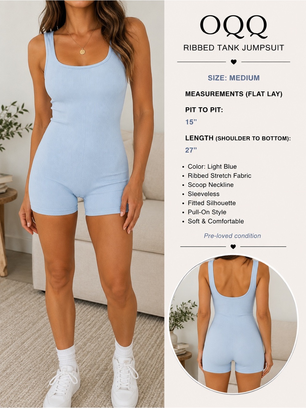 OQQ Light Blue Ribbed Tank Romper